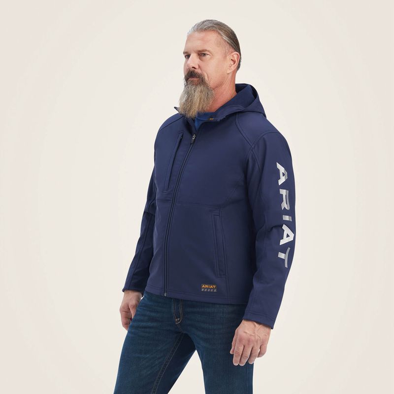 Navy/Grey Ariat Rebar Stretch Canvas Softshell Hooded Logo Jacket | 43PLRCSBE