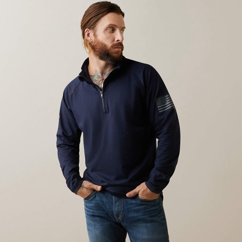 Navy Ariat Fr Combat Stretch Patriot 1/4 Zip Work Shirt | 97RZXTKYF