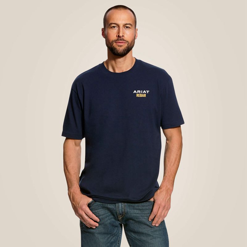 Navy Ariat Rebar Cotton Strong Logo T-Shirt | 68TAZXGQO