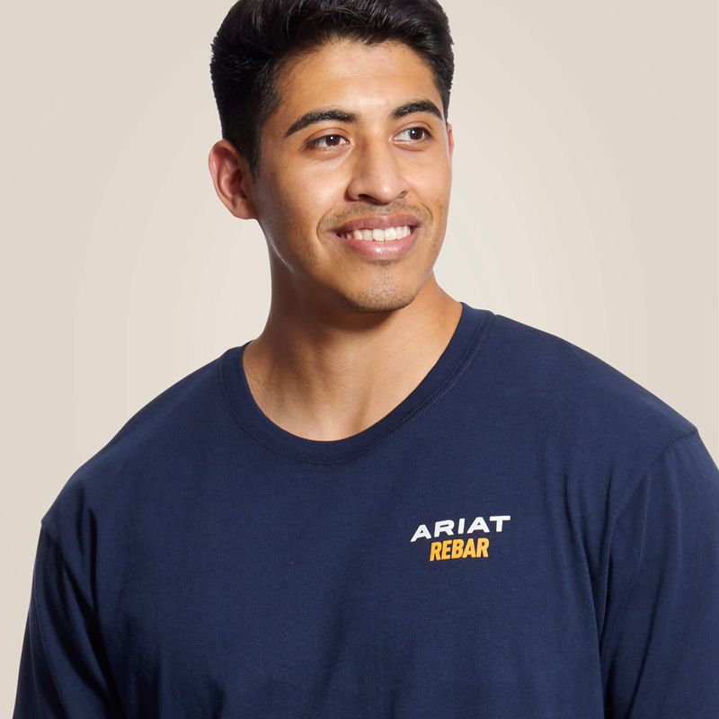 Navy Ariat Rebar Cotton Strong Logo T-Shirt | 68TAZXGQO