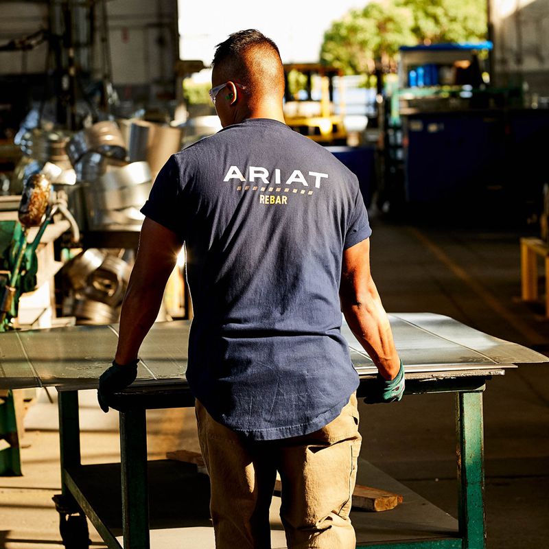 Navy Ariat Rebar Cotton Strong Logo T-Shirt | 68TAZXGQO