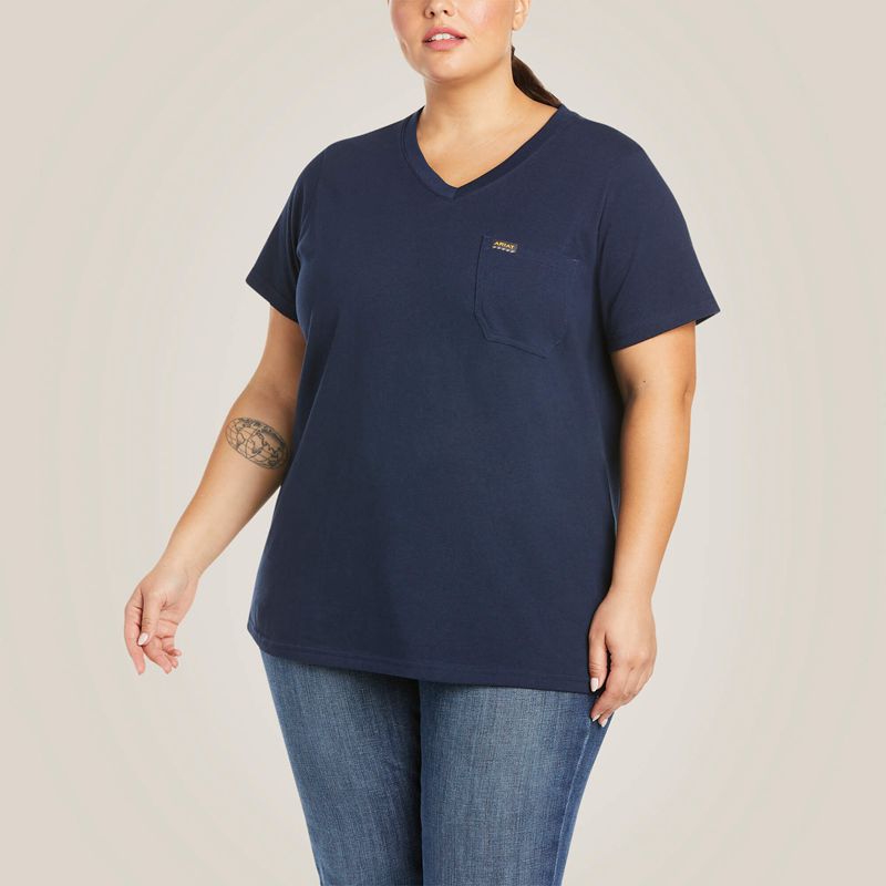 Navy Ariat Rebar Cotton Strong V-Neck T-Shirt | 37WEBVFYU