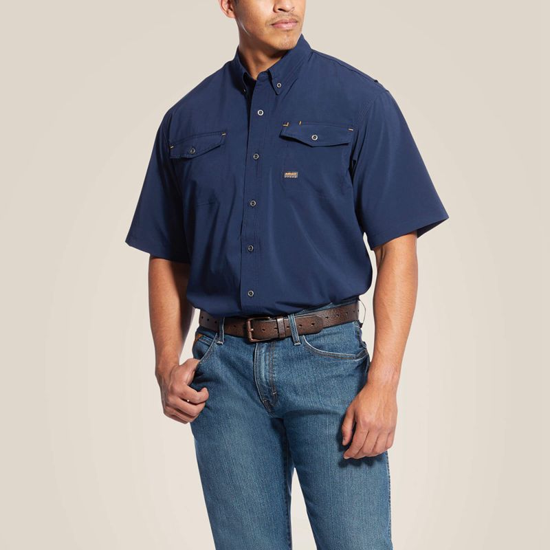 Navy Ariat Rebar Made Tough Venttek Durastretch Work Shirt | 92LKIMCEA