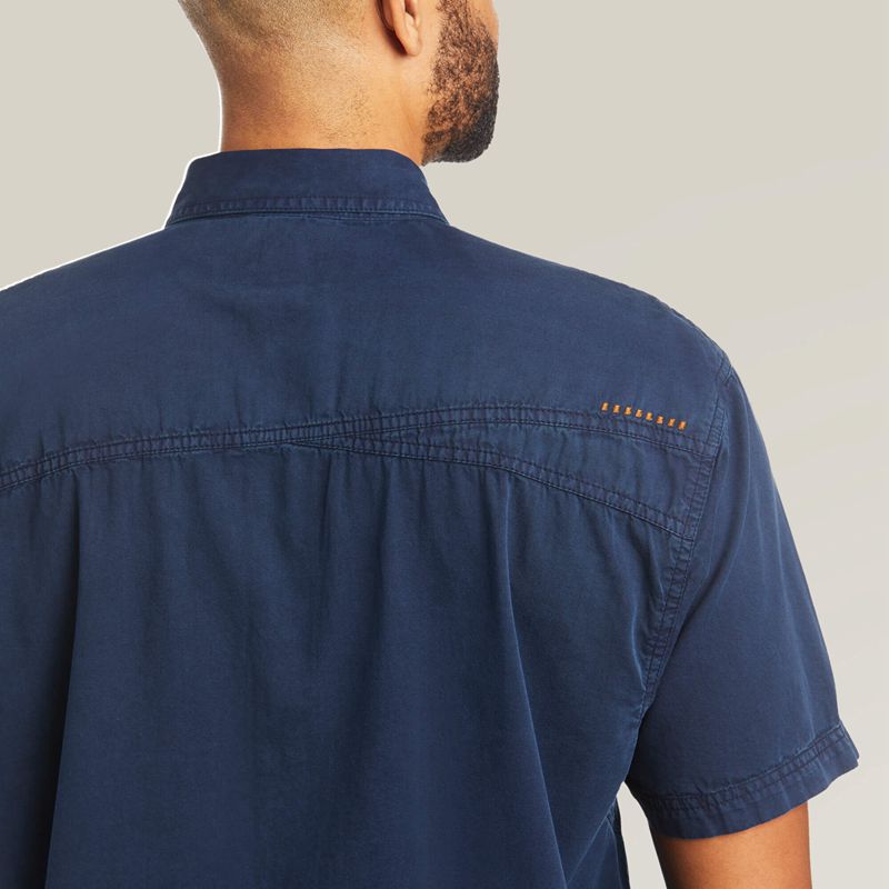 Navy Ariat Rebar Washed Twill Work Shirt | 08RMUTQCG