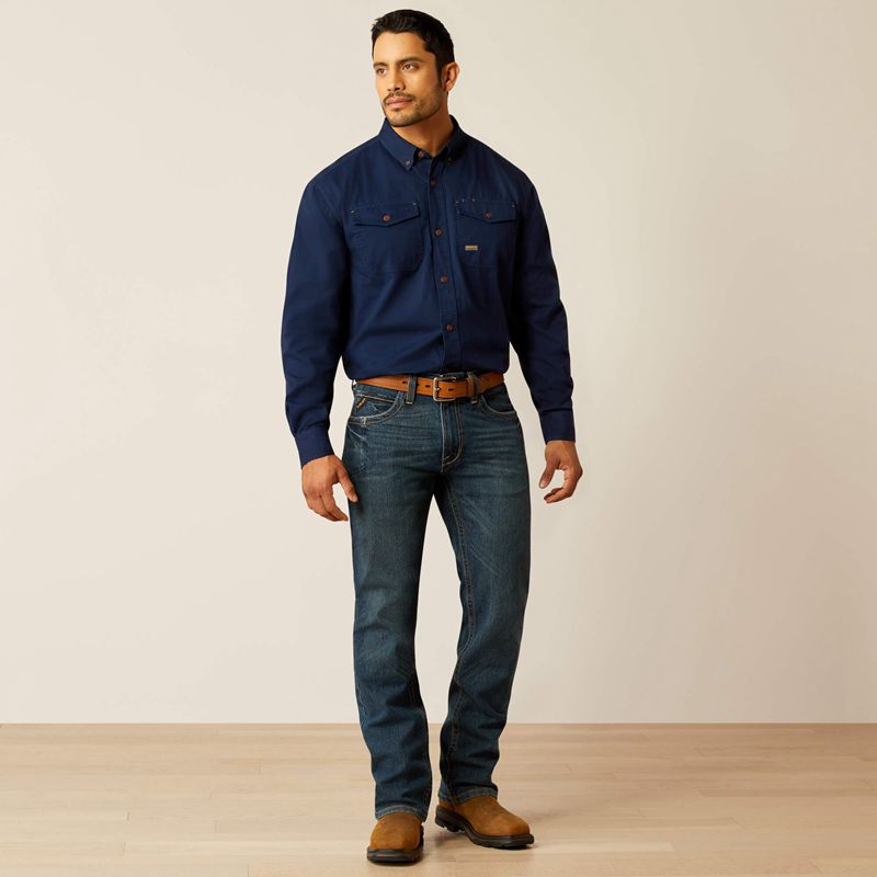 Navy Ariat Rebar Washed Twill Work Shirt | 14URFQJBX