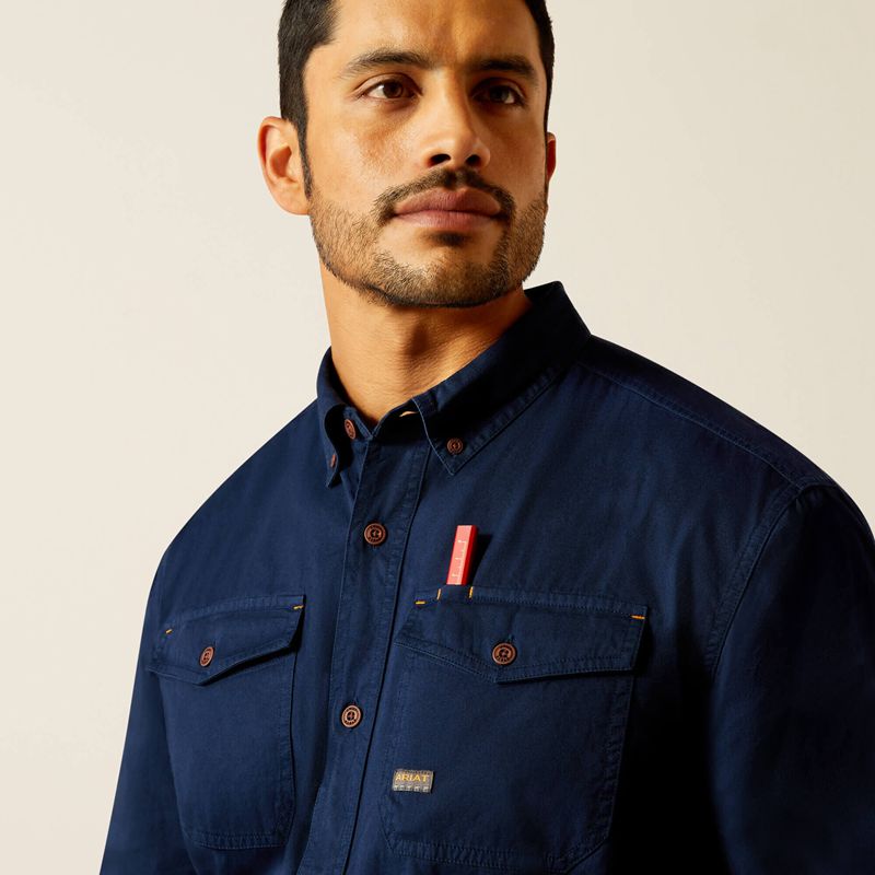 Navy Ariat Rebar Washed Twill Work Shirt | 14URFQJBX