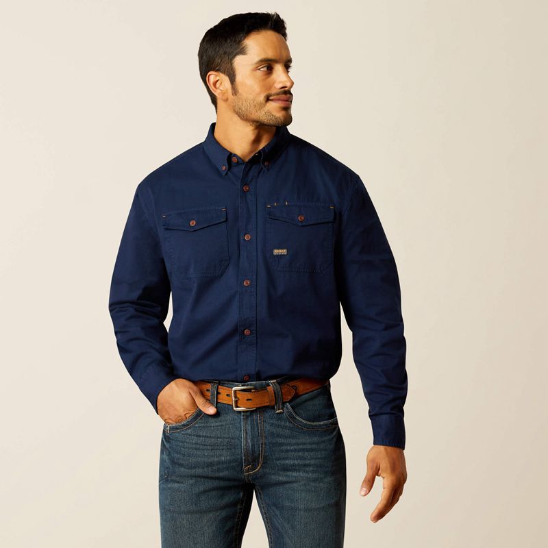 Navy Ariat Rebar Washed Twill Work Shirt | 14URFQJBX