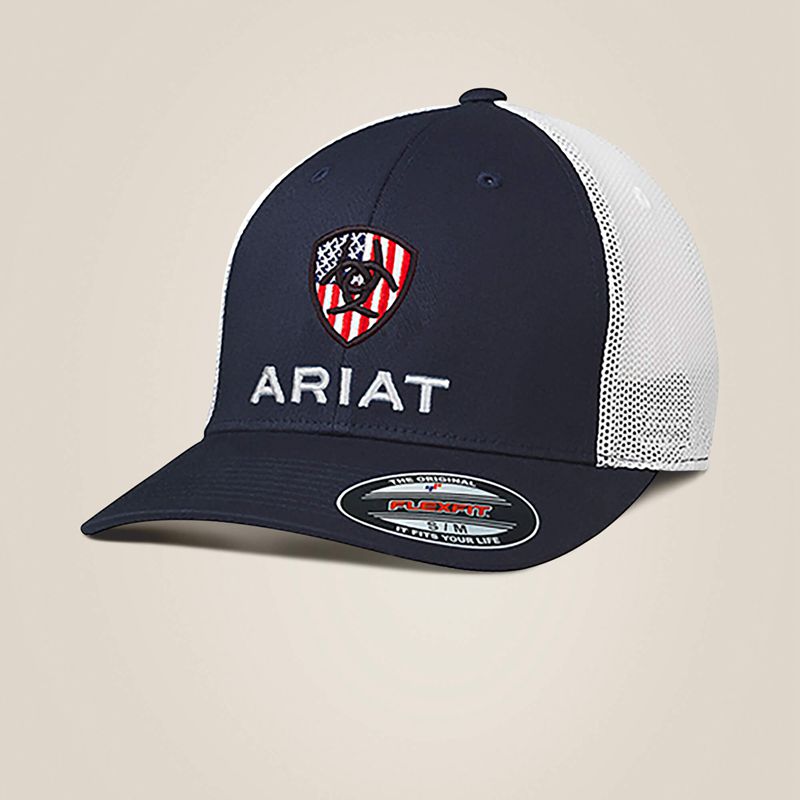 Navy Ariat Usa Flag Shield Logo Cap | 16ZAOCVRJ