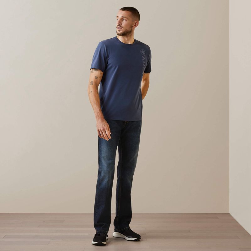 Navy Ariat Vertical Logo T-Shirt | 06ZSKTHQN