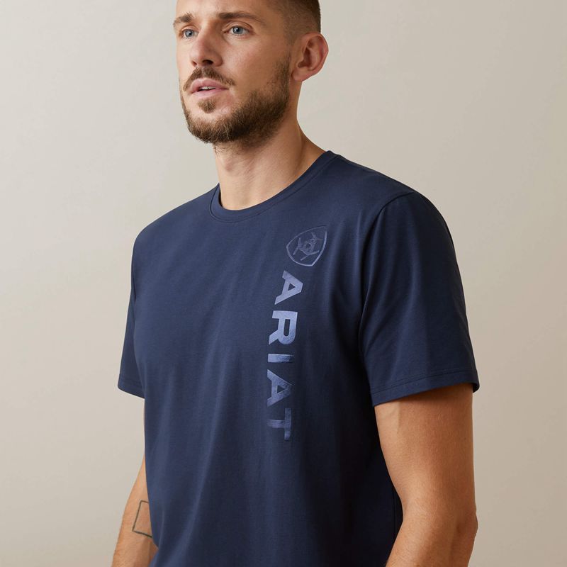 Navy Ariat Vertical Logo T-Shirt | 06ZSKTHQN