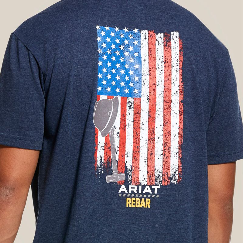 Navy Heather Ariat Rebar Cotton Strong American Grit Graphic T-Shirt | 37NPDEMYV