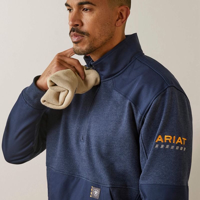 Navy Heather/ Navy Ariat Rebar Workman Duracanvas 1/4 Zip Sweatshirt | 84WSNGFUZ