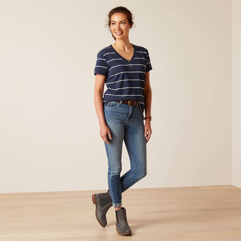 Navy Stripe Ariat Fairford T-Shirt | 64AUQOYZV