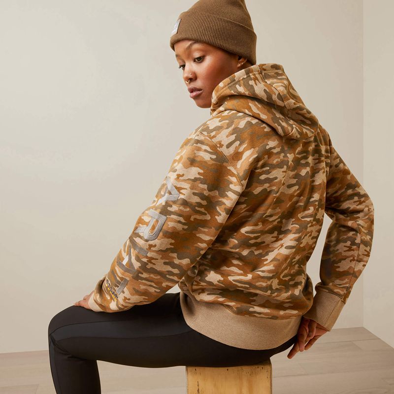 Oatmeal Camo Print Ariat Rebar Graphic Printed Hoodie | 82MCYNUGQ