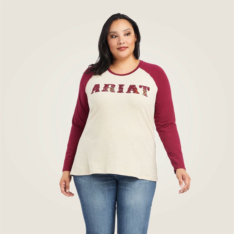 Oatmeal Heather/Beet Red Ariat Real Baseball Shirt | 47QUITMAX