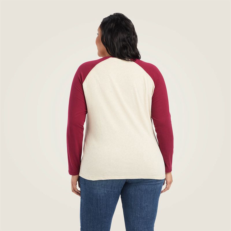 Oatmeal Heather/Beet Red Ariat Real Baseball Shirt | 47QUITMAX