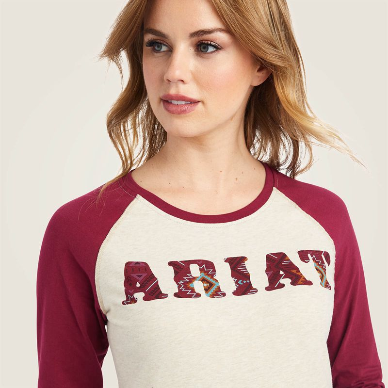 Oatmeal Heather/Beet Red Ariat Real Baseball Shirt | 47QUITMAX