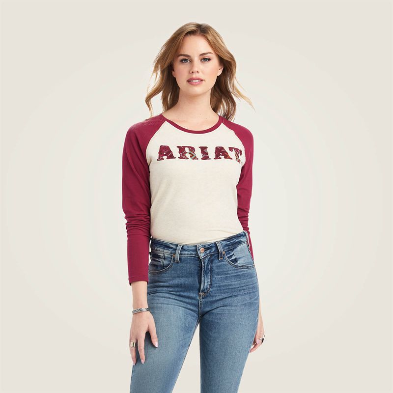 Oatmeal Heather/Beet Red Ariat Real Baseball Shirt | 47QUITMAX