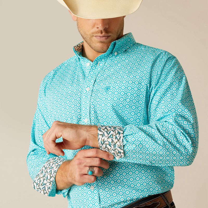 Peacock Blue Ariat Wrinkle Free Stanley Classic Fit Shirt | 51ISNTUGQ