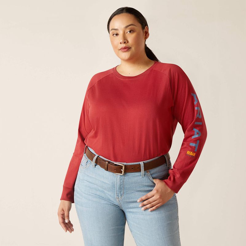 Red Dahlia/ Bijou Blue Ariat Rebar Cotton Strong Logo Graphic | 06QSHLEGA