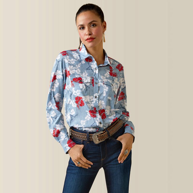 Red White And Blue Pareau Prin Ariat Western Venttek Stretch Shirt | 41BNEHDWT