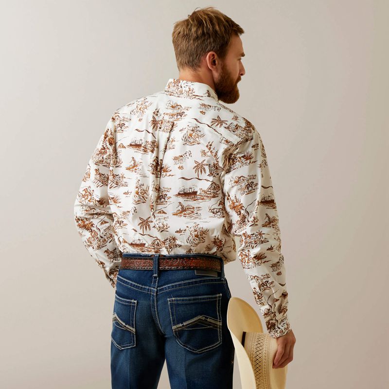 Sand Ariat Wrinkle Resist Paniolo Western Aloha Stretch Classic Fit Shirt | 39IALJUXG