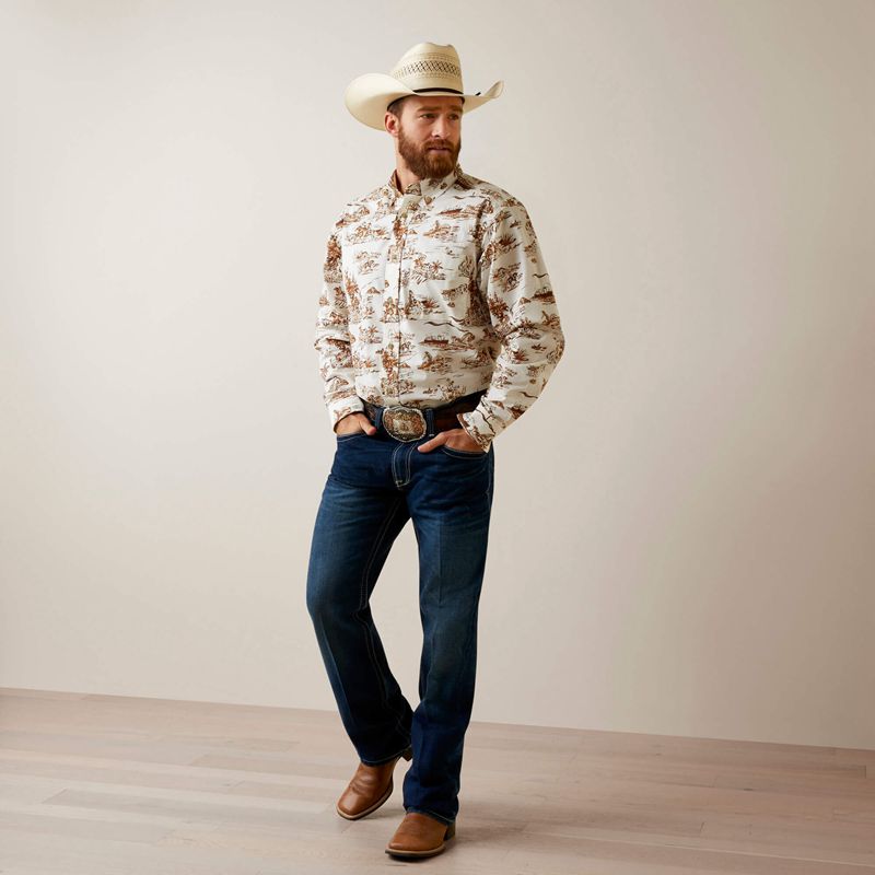 Sand Ariat Wrinkle Resist Paniolo Western Aloha Stretch Classic Fit Shirt | 39IALJUXG