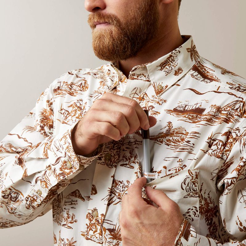 Sand Ariat Wrinkle Resist Paniolo Western Aloha Stretch Classic Fit Shirt | 39IALJUXG