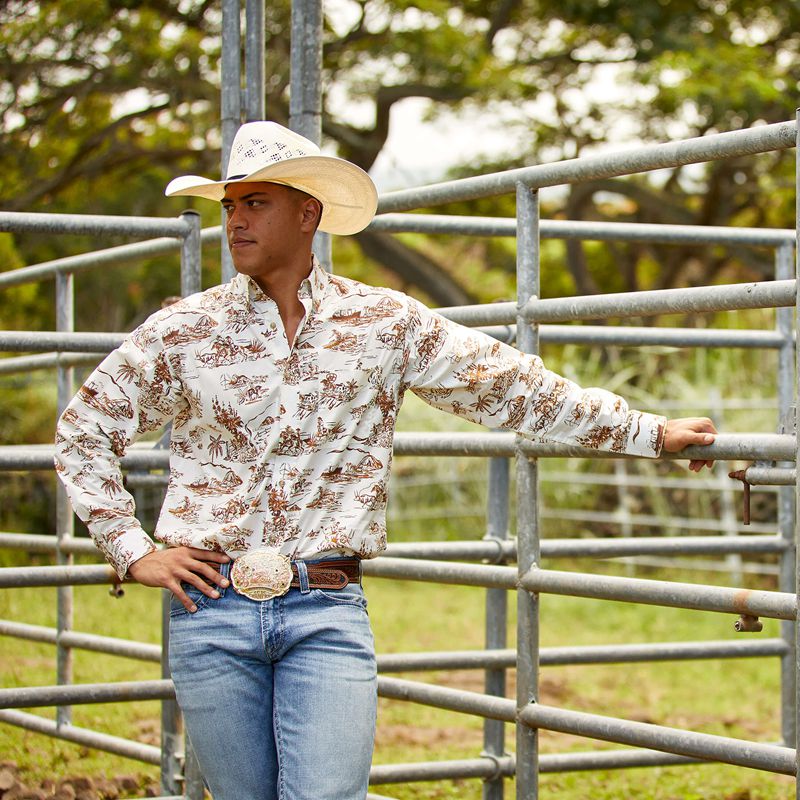 Sand Ariat Wrinkle Resist Paniolo Western Aloha Stretch Classic Fit Shirt | 39IALJUXG