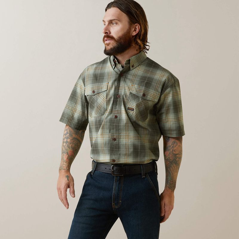 Silt Green Plaid Ariat Rebar Made Tough Durastretch Work Shirt | 73OCNUDHK