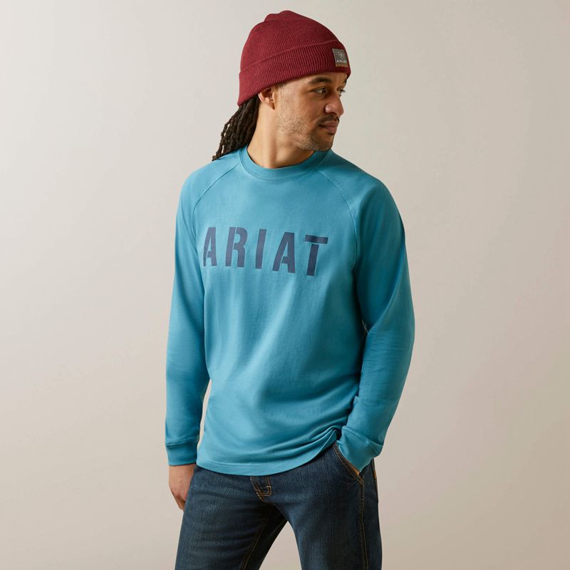 Storm Blue Ariat Rebar Cotton Strong Block T-Shirt | 89NUJIGDW