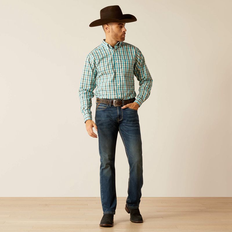 Teal Ariat Wrinkle Free Gordie Fitted Shirt | 02IXOATSM