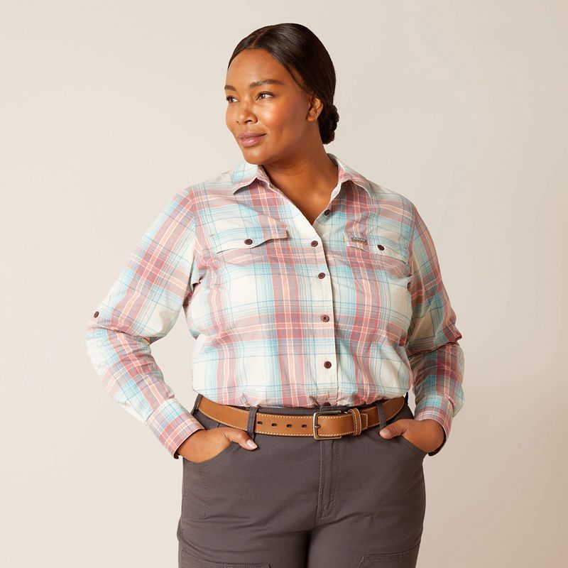 Vanilla Ice Plaid Ariat Rebar Made Tough Durastretch Work Shirt | 38OSZFWIY