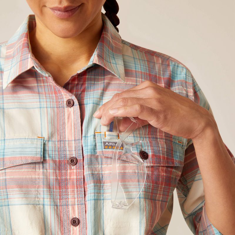 Vanilla Ice Plaid Ariat Rebar Made Tough Durastretch Work Shirt | 38OSZFWIY