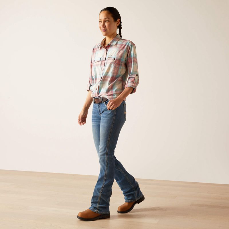 Vanilla Ice Plaid Ariat Rebar Made Tough Durastretch Work Shirt | 38OSZFWIY