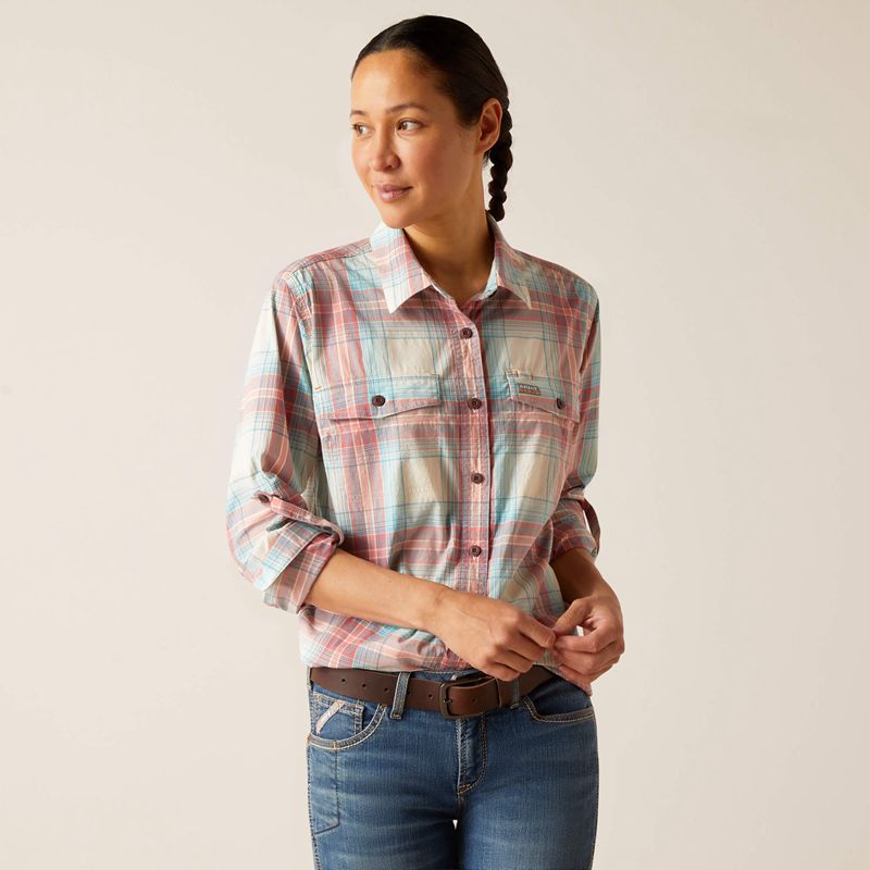 Vanilla Ice Plaid Ariat Rebar Made Tough Durastretch Work Shirt | 38OSZFWIY