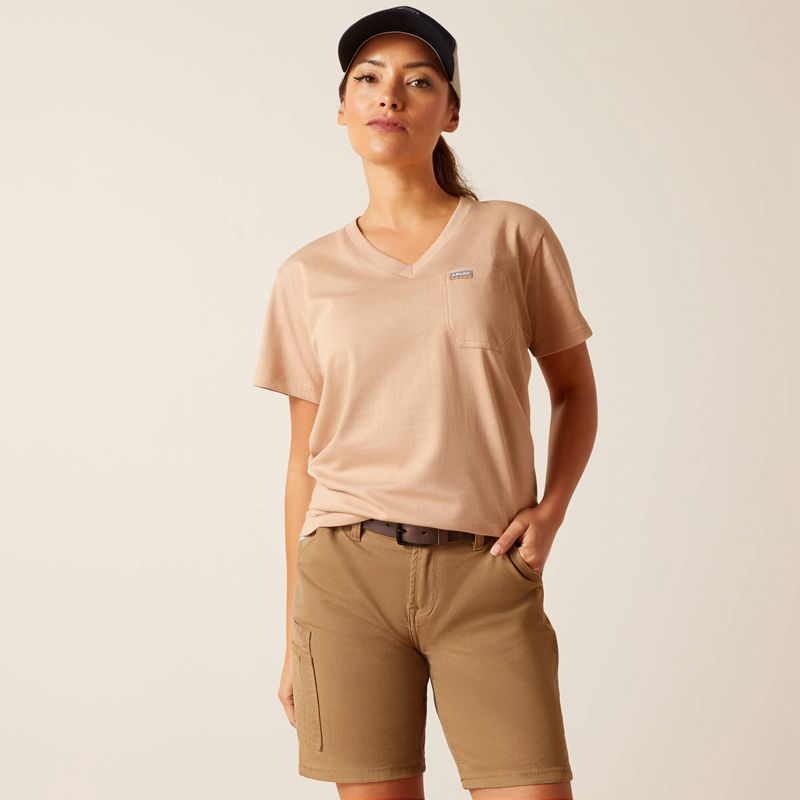 Warm Taupe Ariat Rebar Cotton Strong American Rose T-Shirt | 12KICUZFH