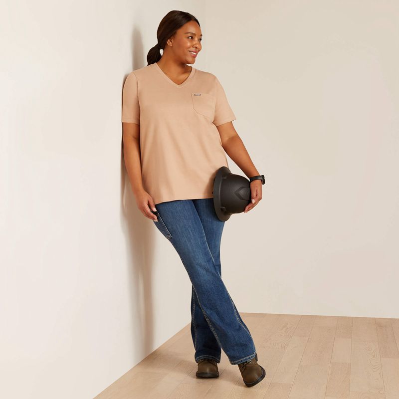 Warm Taupe Ariat Rebar Cotton Strong American Rose T-Shirt | 12KICUZFH