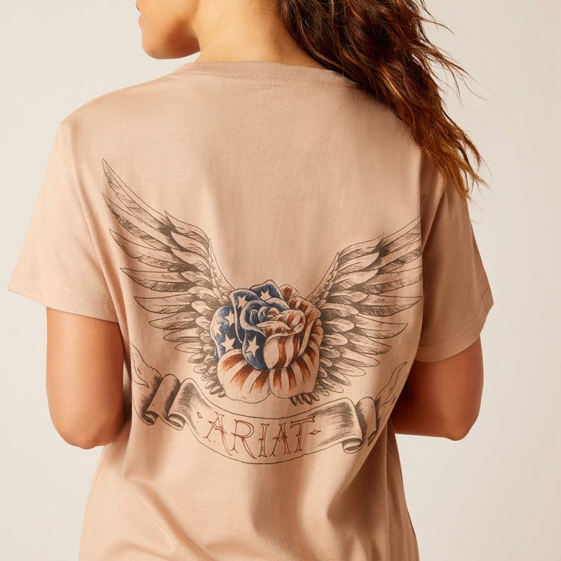 Warm Taupe Ariat Rebar Cotton Strong American Rose T-Shirt | 12KICUZFH